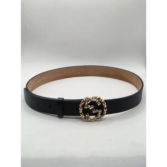 Gucci Black Leather Gold-tone GG Buckle Belt S 80/32 sz main image 2